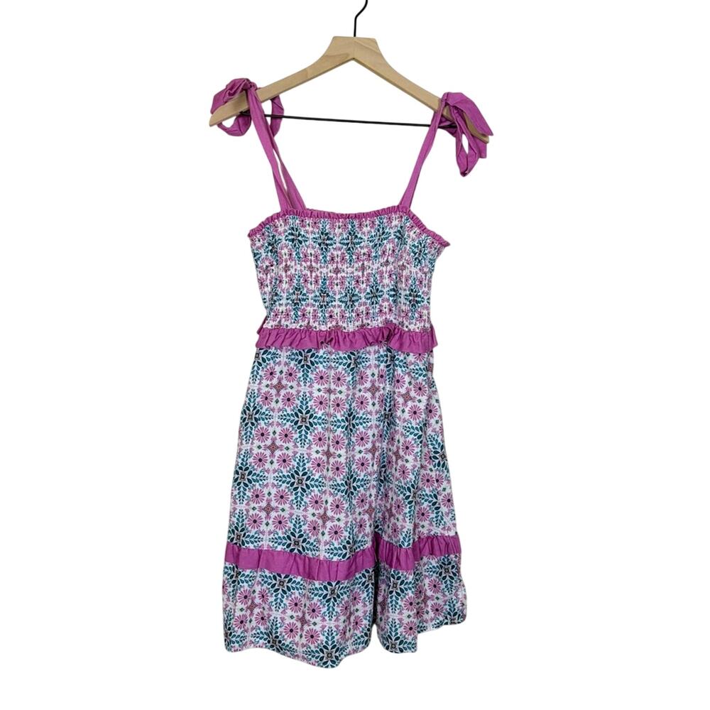Anthropologie Pink Floral Smocked Tie Strap Sundress Linen Blend Size L
